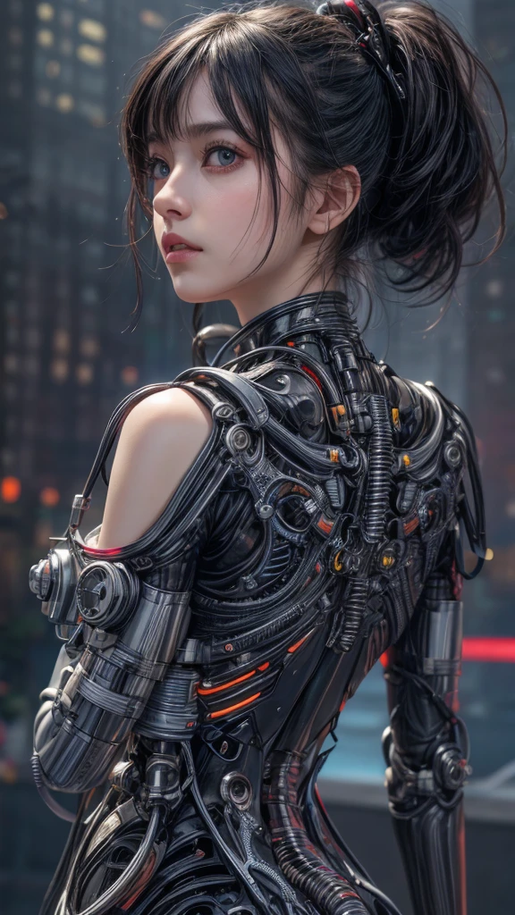 Top Quality, Masterpiece, Ultra High Resolution, (Photorealistic: 1.4), Raw Photo, 1 cyberpunk Girl, Glossy Skin, 1 Mechanical Girl, (Ultra Realistic Detail)), (((Full body shot))), Global Illumination, Contrast, Shadows, Octane Rendering, 8K, Ultra Sharp, Raw Skin, Metal, Intricate Ornament Details, Japan Details, Very intricate details, realistic light, CGSoation trend, facing the camera, neon details, mechanical limbs, blood vessels connected to the tube, mechanical vertebrae attached to the back, mechanical cervical attachment to the neck, wires and cables connecting to the head, gundam, small LED lamps.
