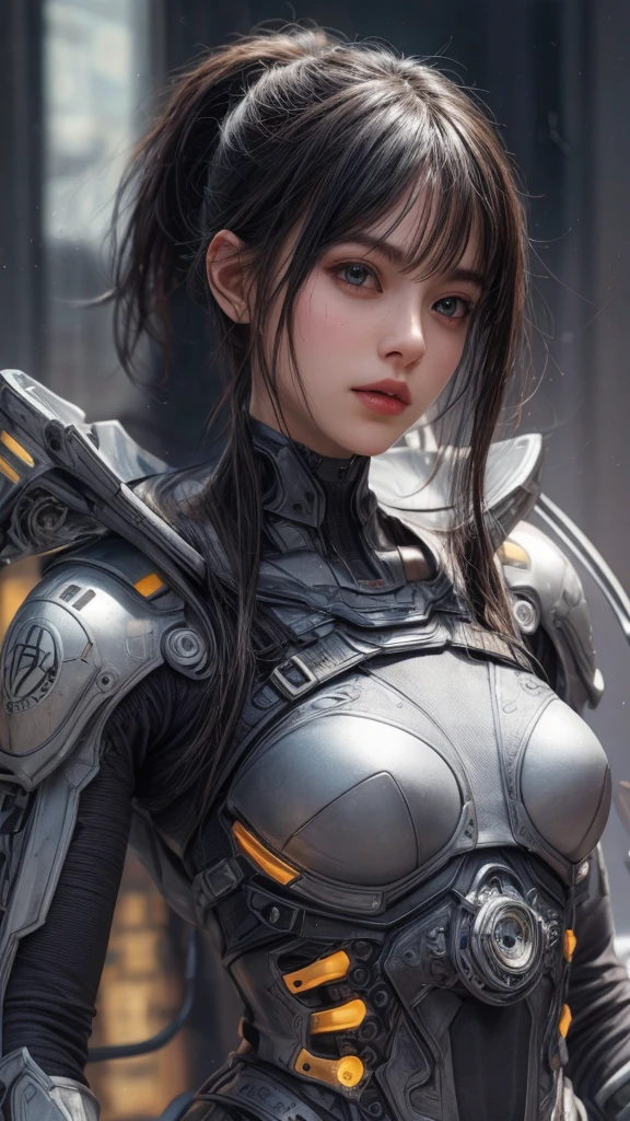 Top Quality, Masterpiece, Ultra High Resolution, (Photorealistic: 1.4), Raw Photo, 1 cyberpunk Girl, Black Hair, Glossy Skin, 1 Mechanical Girl, (Ultra Realistic Detail)), Full body, Global Illumination, Contrast, Shadows, Octane Rendering, 8K, Ultra Sharp, Cleavage Exposed, Raw Skin, Metal, Intricate Ornament Details, Japan Details, Very intricate details, realistic light, CGSoation trend, facing the camera, neon details, mechanical limbs, blood vessels connected to the tube, mechanical vertebrae attached to the back, mechanical cervical attachment to the neck, wires and cables connecting to the head, gundam, small LED lamps.