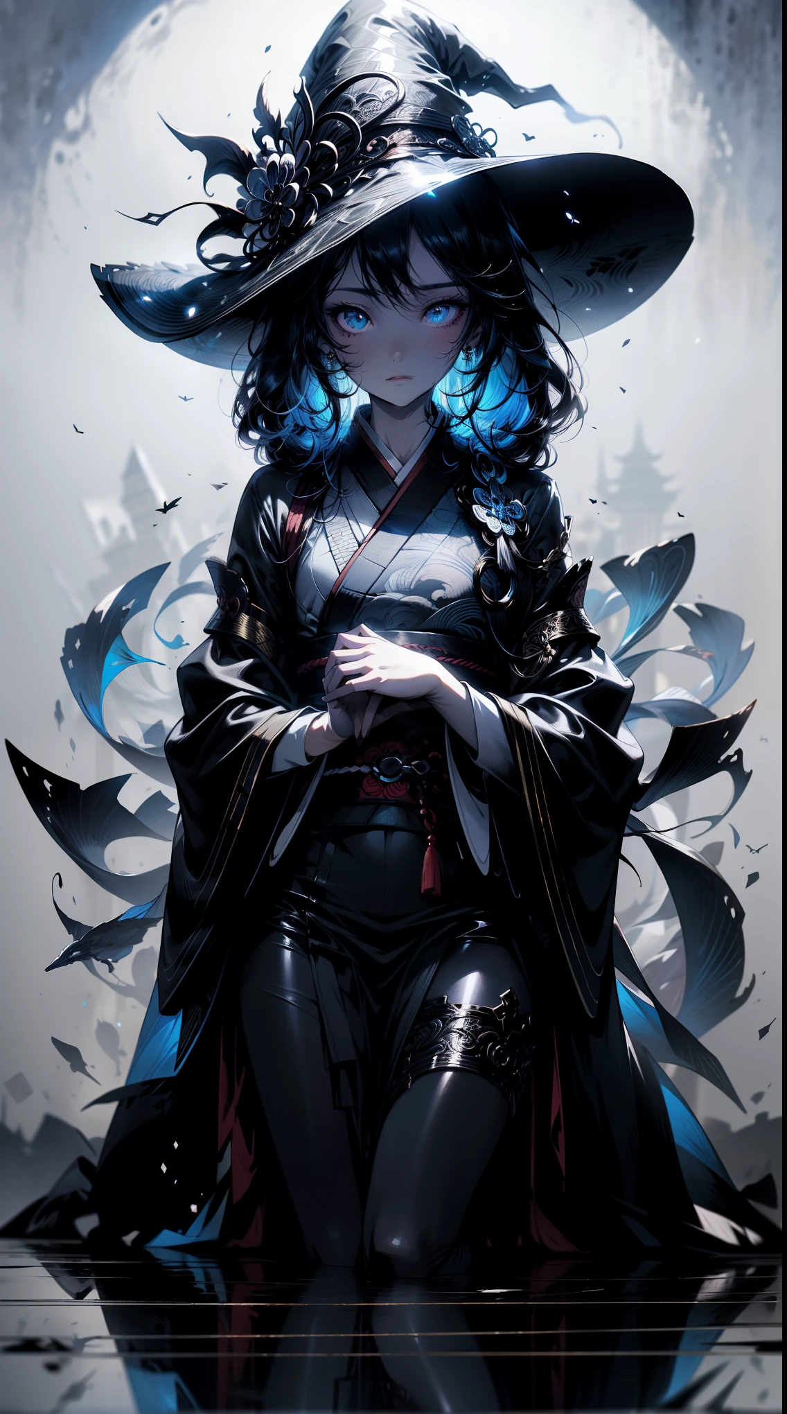 white background, blue skirt,one woman, alone, (kneel down), (kneel down on white glass surface), (At the very least, small), (white background), (witch hat), curly, looking at the viewer, with panoramic view, Vision, It begins with the night of the ark., Popular topics on Art Station pixiv, Arknight, pixiv digital art,onmyoji detailed art, Japanese anime fantasy illustration, author:hero, anime art wallpaper 8k, sky witch, pixiv style, anime art wallpaper 4k, anime art wallpaper 4k, ink wash style