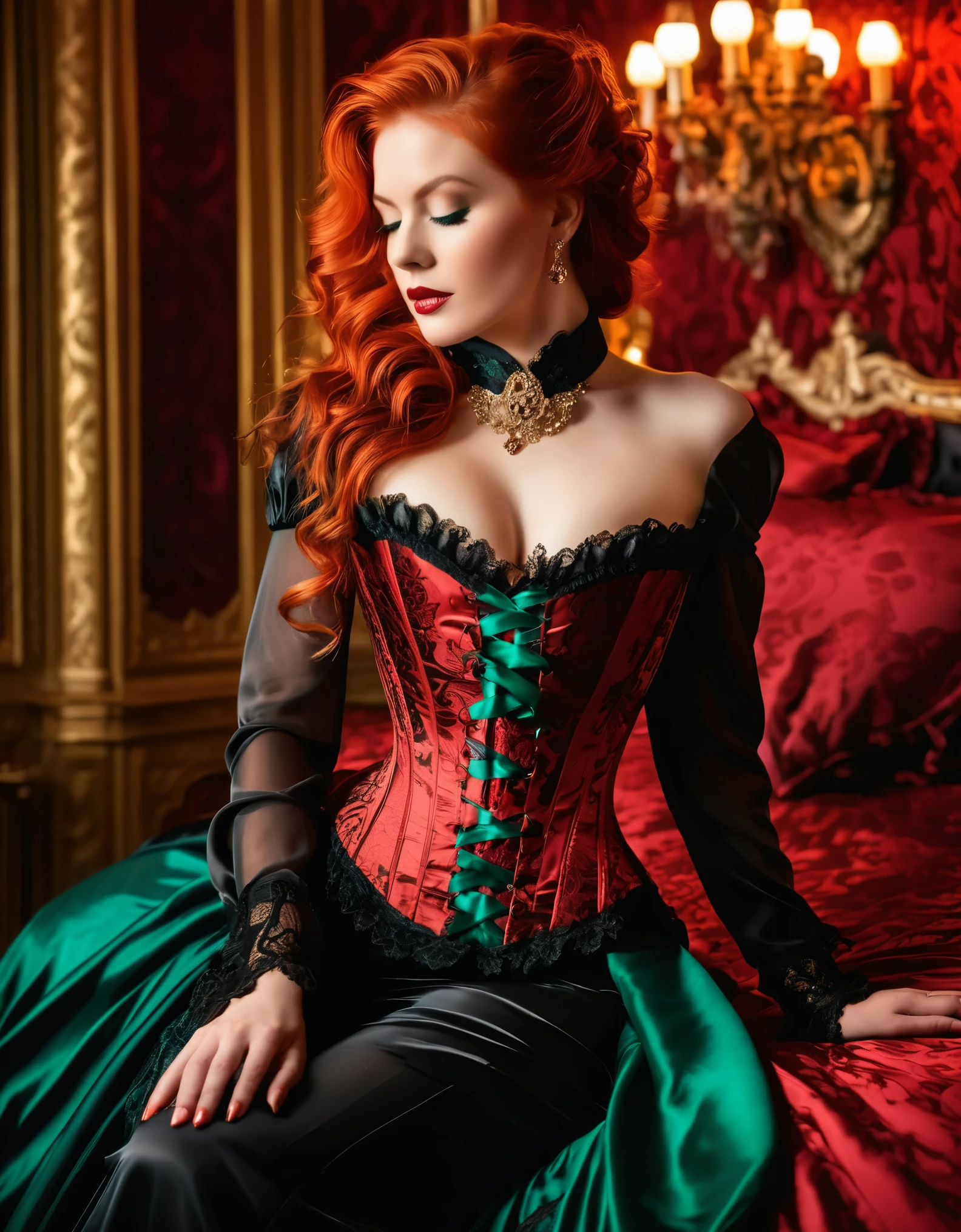 In a sumptuous Victorian bedroom, bathed in the glow of flickering candlelight, a vision of sensuality unfolds. The enchanting woman, with fiery red locks cascading like molten silk, ensnares the gaze with her emerald eyes ablaze with desire. Clad in a mesmerizing ((duotone [red and black]) ornate corset), a tantalizing blend of crimson and ebony, she exudes opulence and allure. Every curve of her luscious form is accentuated, inviting exploration and sexuality. As she reclines upon luxurious satin sheets, her pose is a symphony of grace and seduction, beckoning you into a realm where passion knows no bounds.