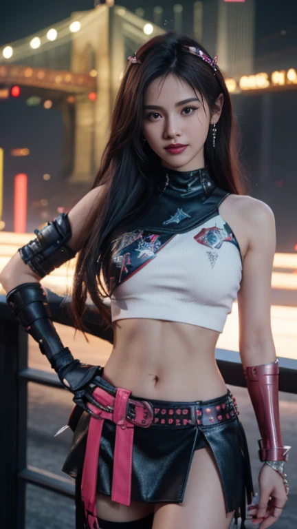 pink and bright colors, Cyberpunk 25, perfect, smile, The shoulder pads have metal spikes., Brooklyn Bridge, Short skirt, Heavy metal is an inspiration., White and gold crop top, Leather protection on the left arm with intricate graphics., Dark red with white stars and a white and blue checkered pattern., armor, intricate design, holding a glowing globe