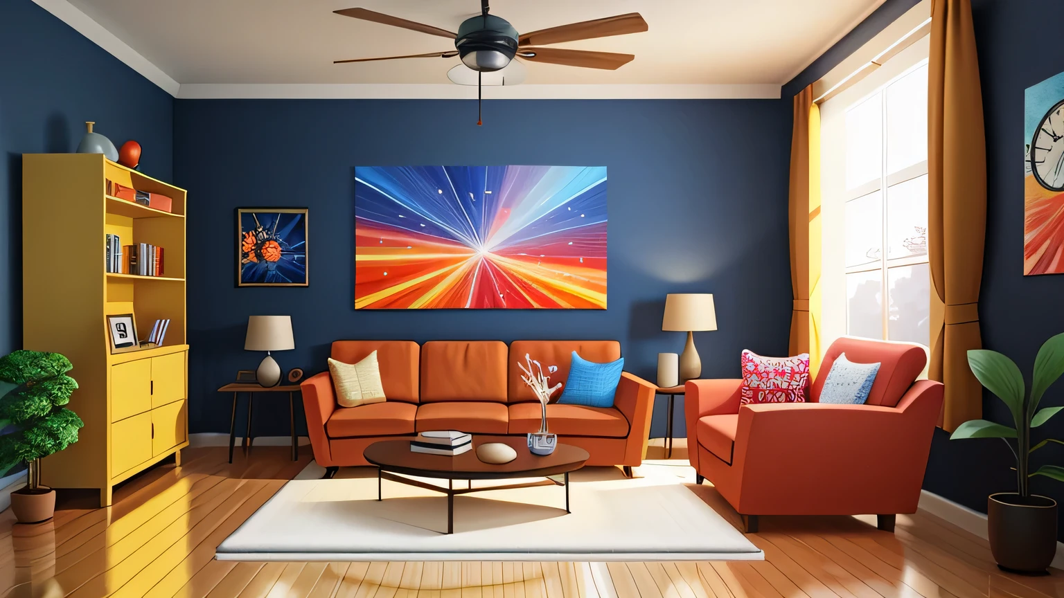 background, drawing, in this anime-style living room, Wall hanging clock, various decorative ornaments on the wall, warm and bright ambiance, Vibrant colors and abundant brightness bring a welcoming and lively atmosphere to the room, Concept Artistic animation scene, Studio Ghibli style