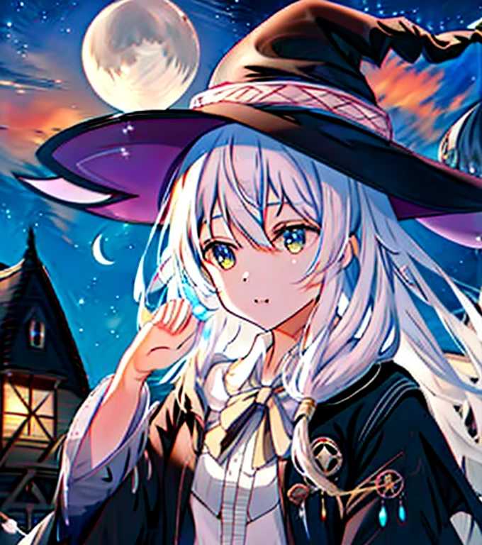 Elaina, girl, witch, anime, white hair, witch hat, night sky, moon, stars, flowers, glowing flowers, shooting star, town, town lights, nighttime.