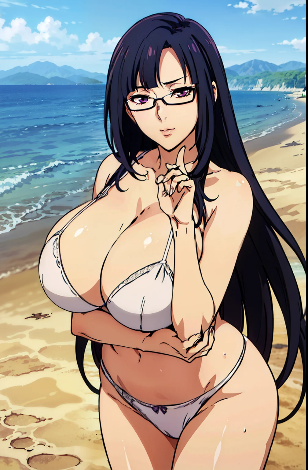 (want to kiss pose), white lingerie, standing, (beach background), (gloomy weather), Litchi Faye-Ling, mature woman, anime cels style, best quality, high resolution, 1girl, (huge breasts:1.2), beautiful face, Beautiful Finger, Beautiful long legs, Beautiful body, Beautiful Nose,Beautiful character design, semi-rimless eyewear, black hair, very long hair, Bangs, purple eyes, (cowboy shot), puckered up mouth, looking at viewer