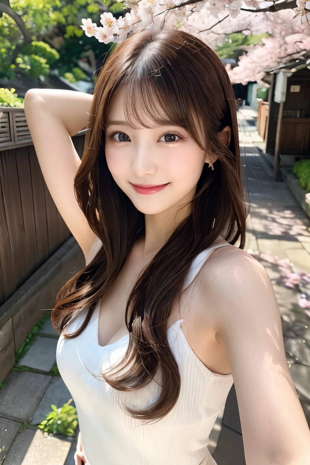 masterpiece、high resolution、ultra high resolution、Delicate、sunlight、whole body、1 female、30 years old、hostess&#39;s face、brown hair、long hair、perfect eyes、dense lips、smiling face、Slender perfect figure、japan beauty、OL,suit、cherry blossoms、cherry blossoms並木、armpit