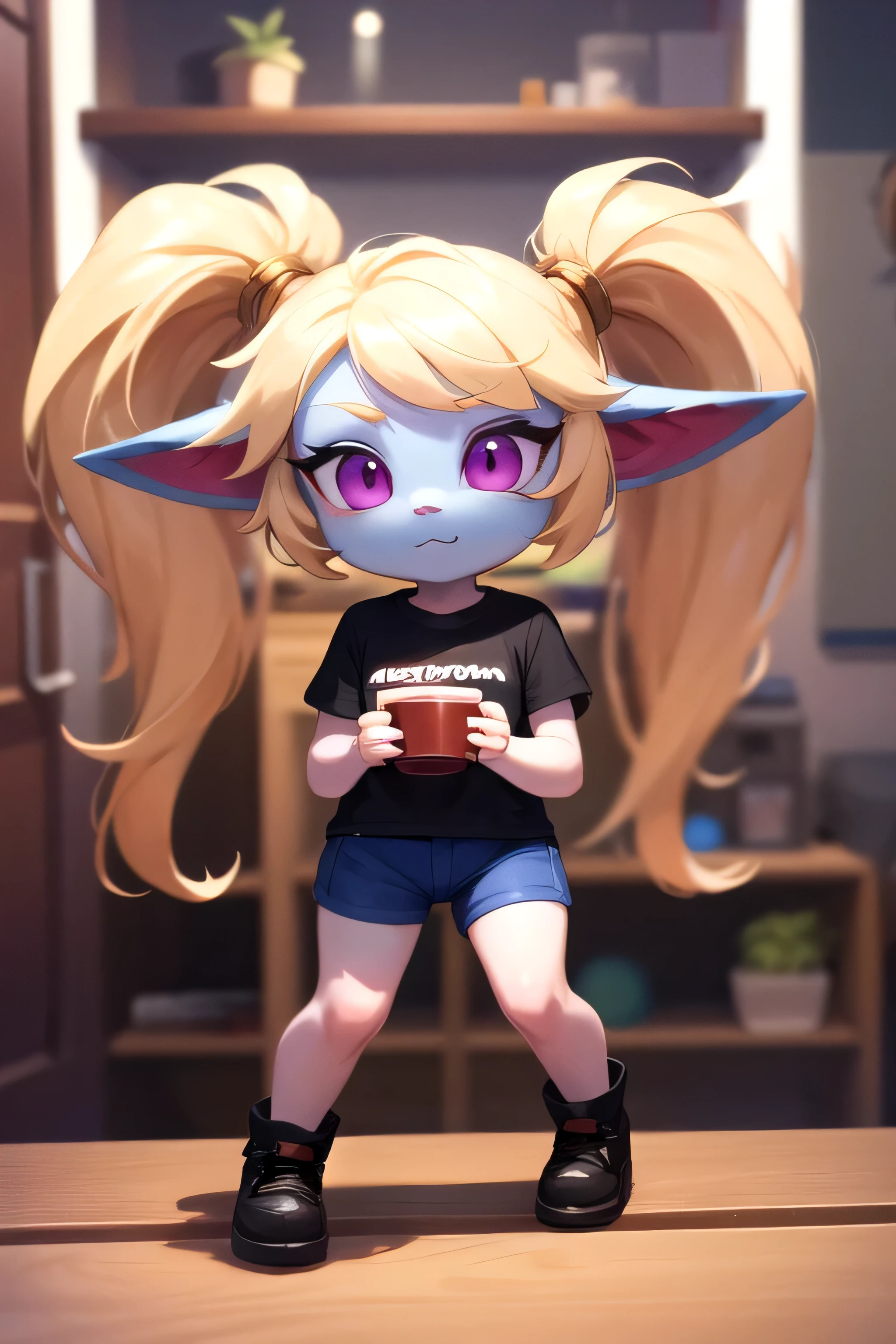 cute poppy in tshirt full body women detailed cute no backgroun backgroun removed high quality fixed figners detailed figners nad hand poppy in shorts  holding  cup in hand 