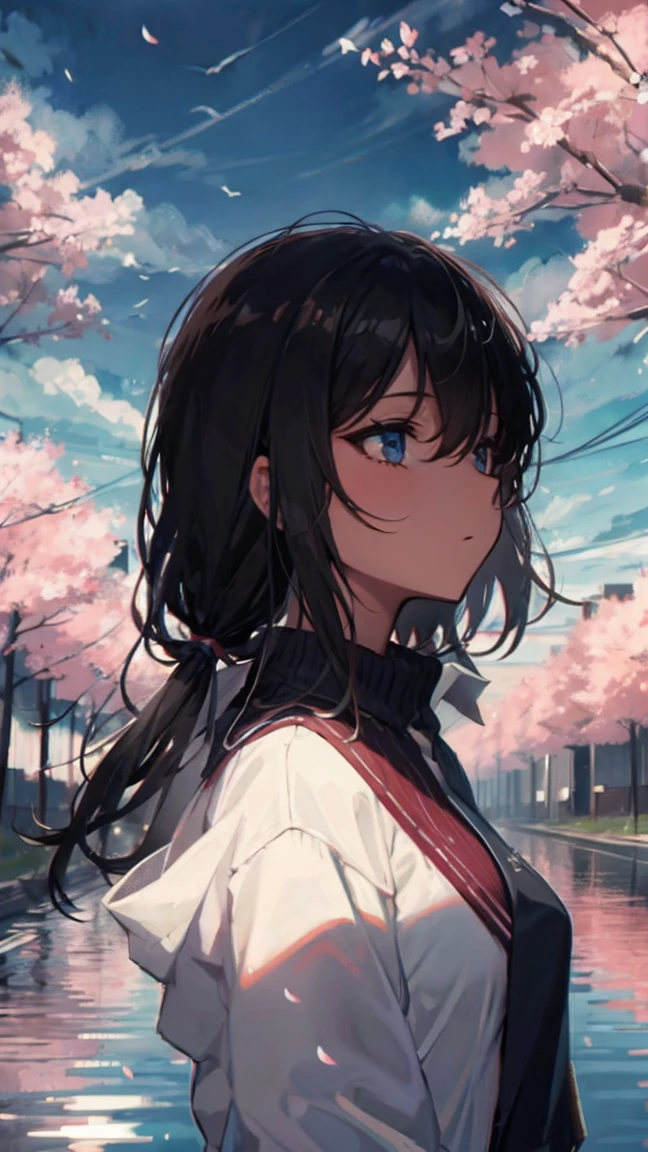 Product illustration of a girl in the rain,cherry blossoms,Look up at the sky,cherry blossomsが舞う