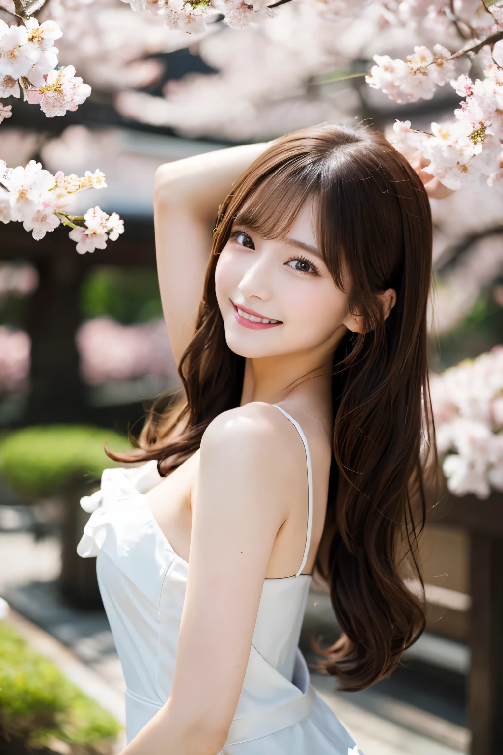 masterpiece、high resolution、ultra high resolution、Delicate、sunlight、whole body、1 female、30 years old、hostess's face、brown hair、long hair、perfect eyes、dense lips、smiling face、Slender perfect figure、japan beauty、OL,suit、cherry blossoms、cherry blossoms並木、armpit