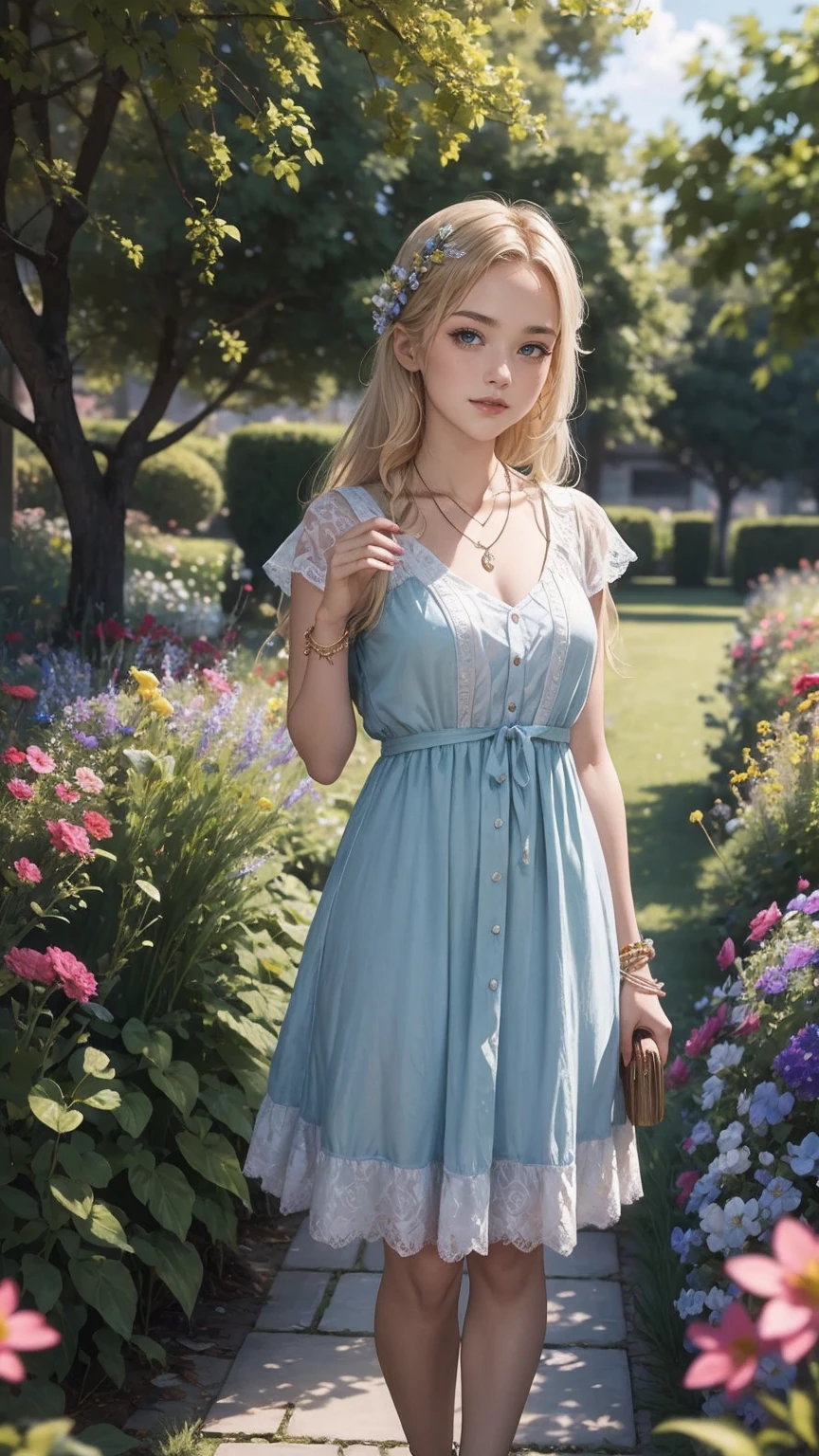 ((最high quality, 8K, masterpiece: 1.3, Ultra HD, high quality, 最high quality, High resolution, realism)) 、25 year old white woman、platinum blonde、blue eyes、long hair、smile、slender、slenderだがアスリートのような細マッチョな身体、I don't want my head to disappear from the screen.、手首にアクセサリーapply、Wearing red nail polish、I have a peticure、anklet((anklet))apply、wear a dress、put on a necklace、I'm in an English garden with colorful flowers blooming.、There is an arch made of flowers、Enjoy tea time in the garden、Beautiful blue sky without a single cloud、花の髪飾りをapply