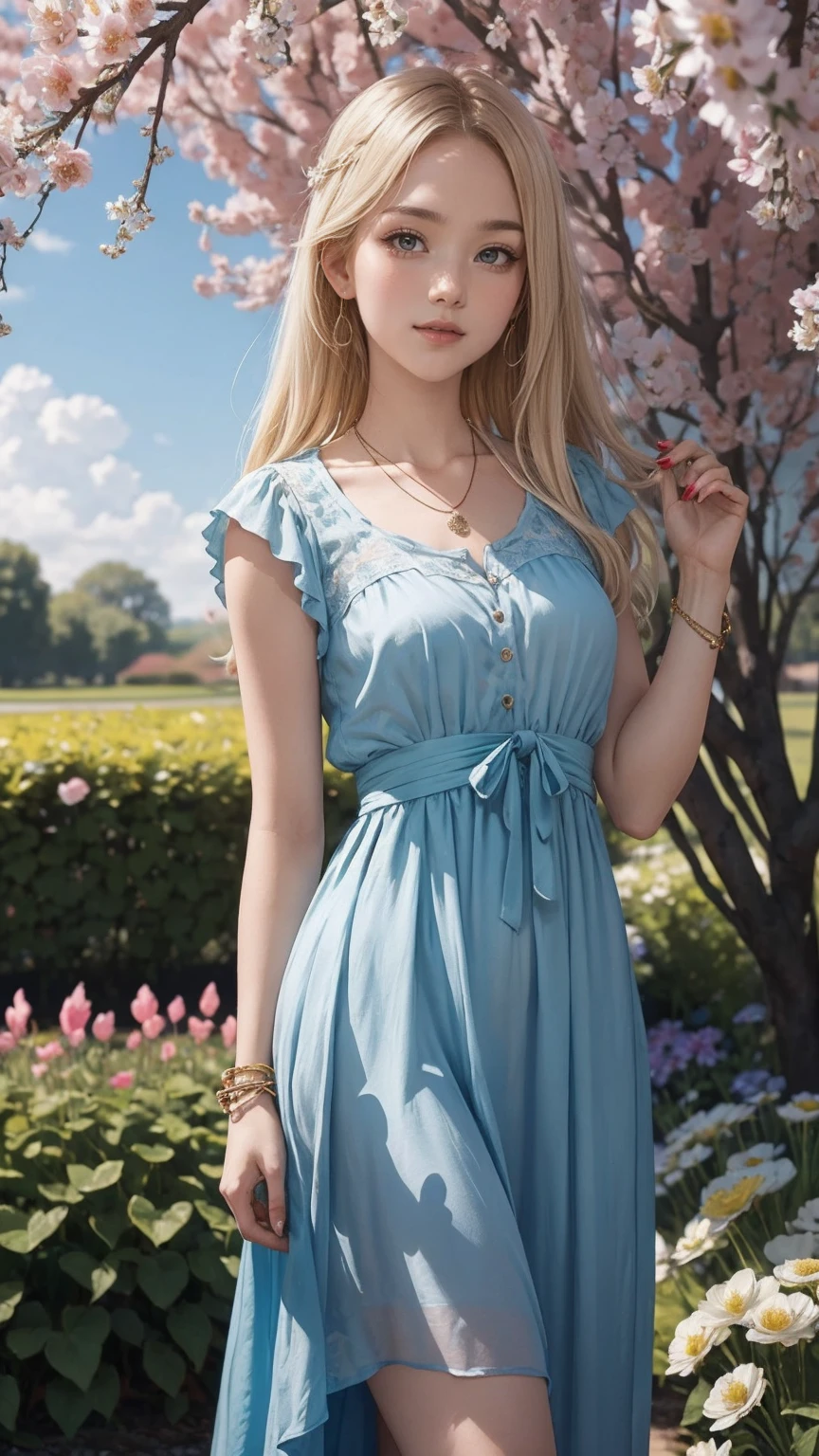 ((最high quality, 8K, masterpiece: 1.3, Ultra HD, high quality, 最high quality, High resolution, realism)) 、25 year old white woman、platinum blonde、blue eyes、long hair、smile、slender、slenderだがアスリートのような細マッチョな身体、I don't want my head to disappear from the screen.、手首にアクセサリーapply、Wearing red nail polish、I have a peticure、anklet((anklet))apply、wear a dress、put on a necklace、I'm in an English garden with colorful flowers blooming.、There is an arch made of flowers、Enjoy tea time in the garden、Beautiful blue sky without a single cloud、花の髪飾りをapply