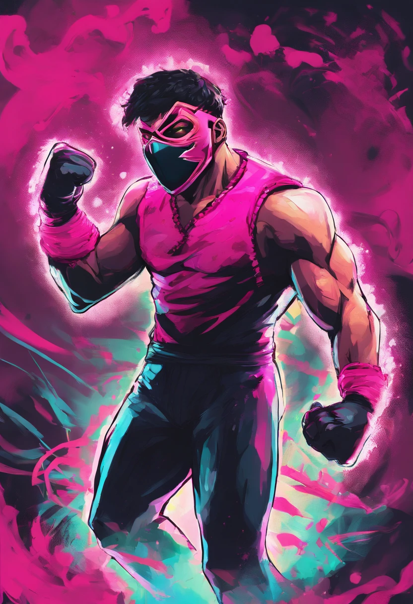 a young hispanic wrestler with a mask that only shows his eyes, su torso al descubierto, long black latex wrestling pants with pink claw designs, posa con confianza en el ring.