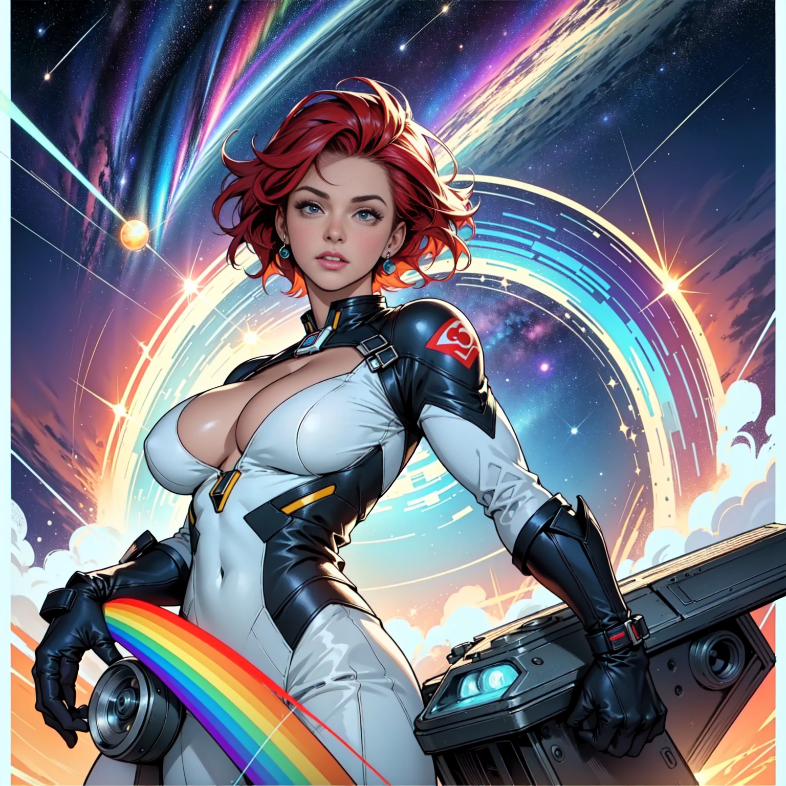 (((32k))),(((Highest quality))),(Perfect One Woman),60's,70's,80's,old movie posters,retro,vintage,bauhaus,abstract,Space Thriller Movie Poster,Futuristic,shape,OK,cosmos,galaxy,satellite,mechanical,Geometric pattern,meteor,meteorite,planet,very delicate,Space flyer OK,Milky Way,((big breasts)),(cleavage),rainbow,massive stream of light,flare,overlay,aurora,Starry sky,infinite possibilities,strongest,Highest,(perfect fingers),perfect gorgeous physical, beauty perfect limbs, very tight clothes detailing all body breasts and shaved pussy, cameltoe, red hair.