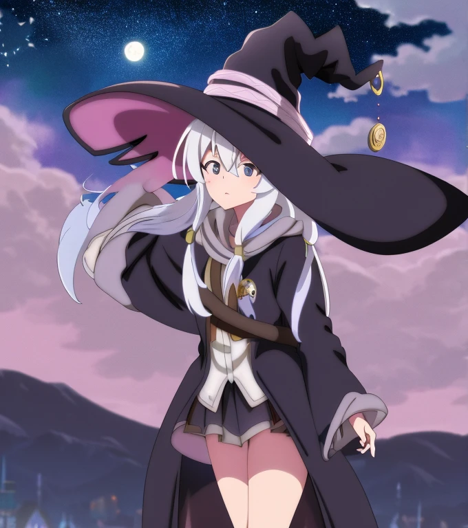 Elaina, girl, witch, anime, white hair, witch hat, night sky, moon, stars, flowers, glowing flowers, shooting star, town, town lights, nighttime.