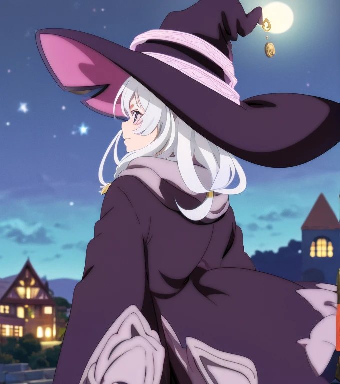 Elaina, girl, witch, anime, white hair, witch hat, night sky, moon, stars, flowers, glowing flowers, shooting star, town, town lights, nighttime.