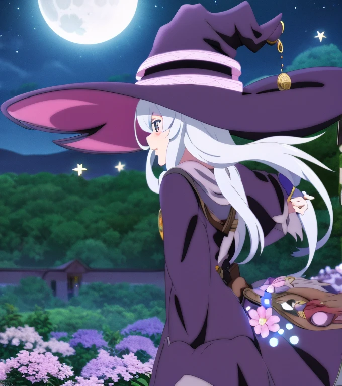 Elaina, girl, witch, anime, white hair, witch hat, night sky, moon, stars, flowers, glowing flowers, shooting star, town, town lights, nighttime.