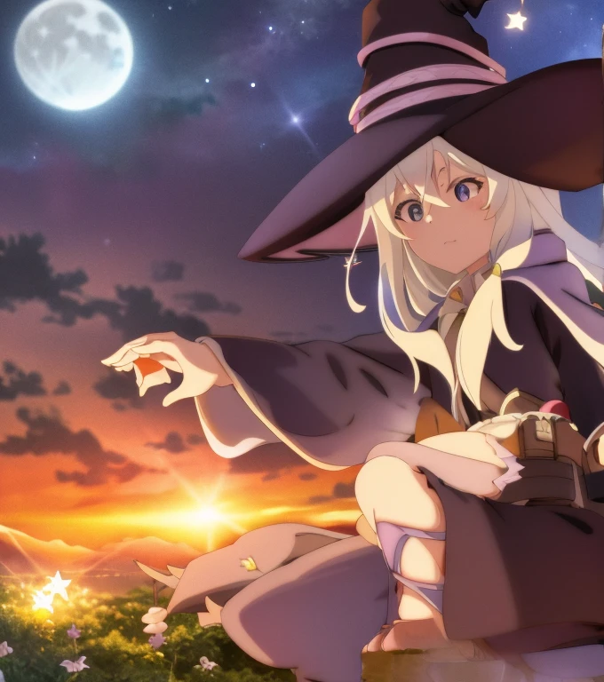Elaina, girl, witch, anime, white hair, witch hat, night sky, moon, stars, flowers, glowing flowers, shooting star, town, town lights, nighttime.