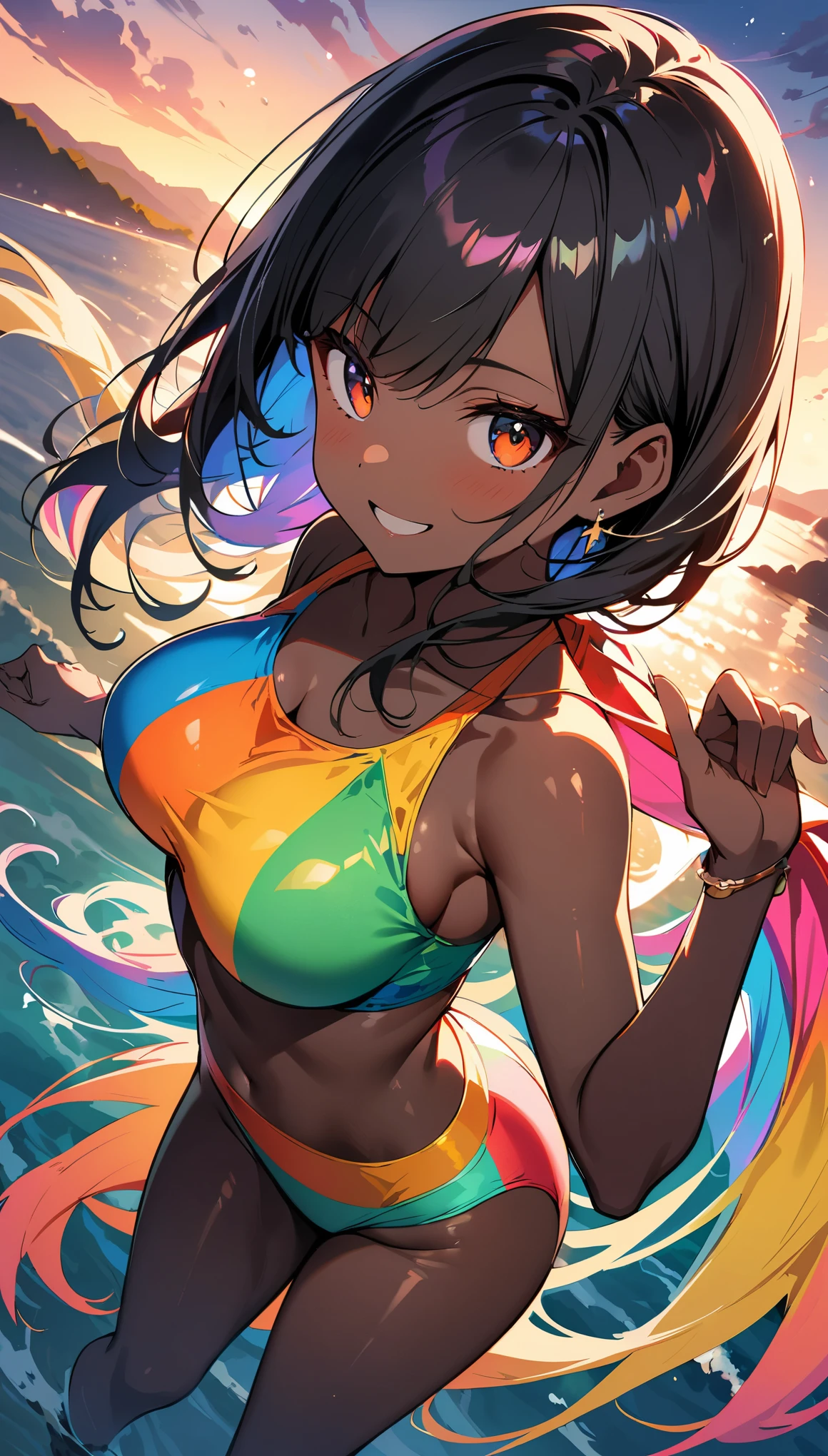 (high quality, 8k, 4k, high contrast, masterpiece:1.2, best quality, best aesthetics), (dynamic angle), alone, (((young woman,Beautiful Black Woman, Ebony 1 Female))), (small face), (high detail skin:1.2), cute face, (rainbow hair), beautiful breasts, (slim body shape:1.4), very detailed顔と肌の質感, look sideways, place your hands behind your body, ((deep ebony:1.2, black skin)), ((Long bangs on one side, asymmetrical bangs, one eye is hidden)), slender body, ((open your mouth and smile:1.2)), big breasts, normal hip joint, cowboy shot, Configuration from above, (((colorful swimwear:1.2))), Coast at dusk, staring eyes, shiny skin, perfect fingers, five fingers, background bokeh, bright colors, very detailed,