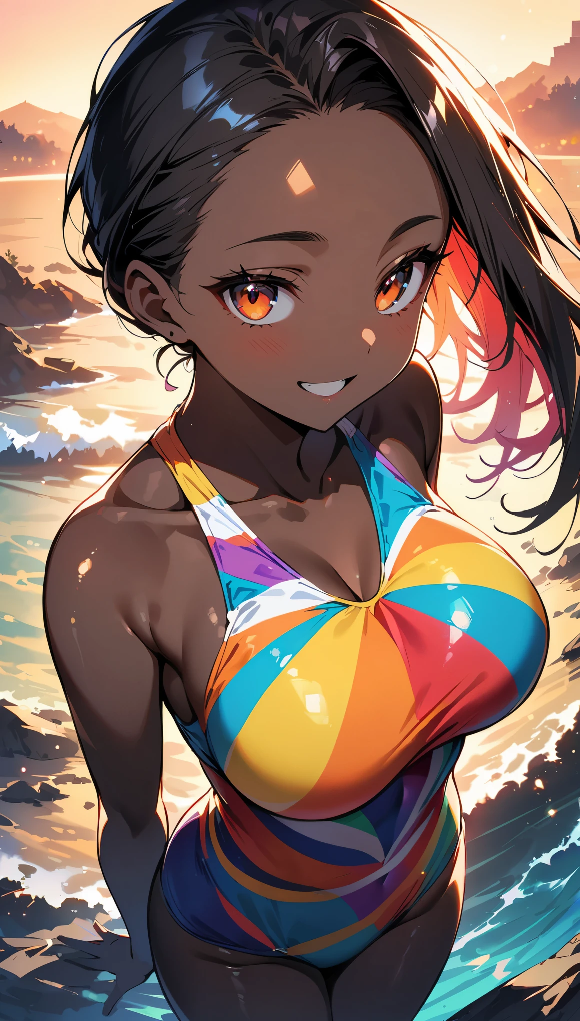 (masterpiece:1.2), (best quality), (ultra detailed), (8k, 4k, intricate),(full-body-shot:1), (highly detailed:1.2),(detailed face:1.2), (detailed background),detailed landscape, ((portrait)), (dynamic pose:1.2) nemona, 1girl, (dark skin, dark-skinned female:1.5), ponytail, long hair, freckles, 1girl, ((solo)), breasts, looking at viewer, smile, open mouth, blue eyes, brown hair, shirt, ribbon, jewelry, medium breasts, orange bra, orange panties, nsfw, collarbone, hair ribbon, cowboy shot, hairband, bracelet, red ribbon, hand on hip, index finger raised, poke ball, poke ball (basic), bow hairband,