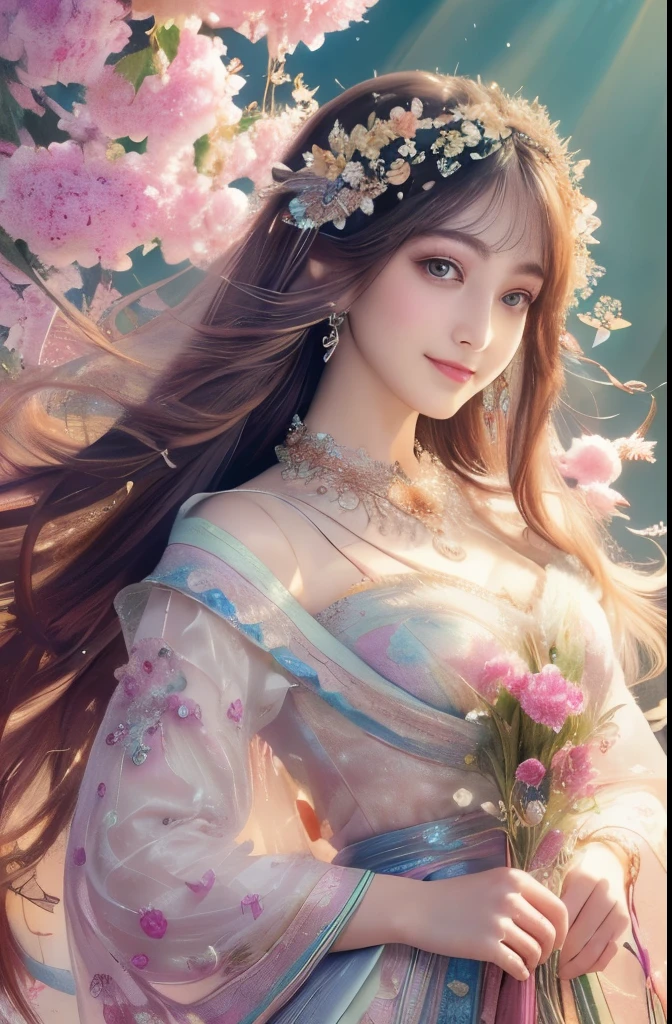 (​Masterpiece、top quality、top quality、official art、Exquisite and beautiful:1.2)、(1 girl in)、Very detailed、(fractal art:1.3)、Colorful、most detailed,(Posture in motion:1.4)、Beautiful and delicate face with details、Beautiful and delicate eyes with details、Very fine eye definition, (symmetrical eyes:1.3),((natural smile)),Floral fragrance,feather、Goddess image