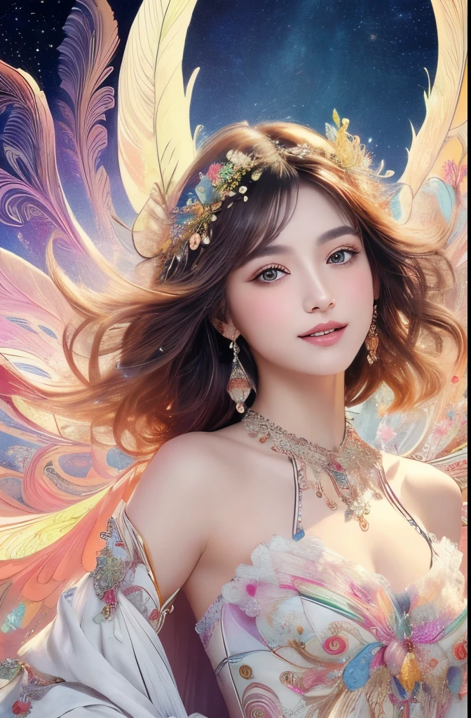 (Masterpiece、top quality、top quality、official art、Exquisite and beautiful:1.2)、(1 girl in)、Very detailed、(fractal art:1.3)、Colorful、most detailed,(Posture in motion:1.4)、Beautiful and delicate face with details、Beautiful and delicate eyes with details、Very fine eye definition, (symmetrical eyes:1.3),((natural smile)),Floral fragrance,feather、Goddess image