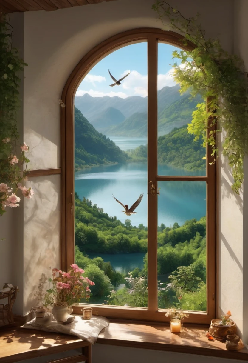 1girl, The View Outside the Window, (4k,8k,highres,:1.2),ultra-detailed,(realistic,photorealistic,photo-realistic:1.37),indoor view,window view,outside scene,outdoor scenery,breathtaking landscape,panoramic view,serene atmosphere,clear blue sky,rolling hills,green meadows,colorful flowers,trees swaying in the wind,sun shining brightly,golden sunlight streaming in through the window,glimmering lake in the distance,crystal-clear water,reflection of the sky on the water surface,lush forests,majestic mountains on the horizon,peaceful countryside,tranquil setting,quiet ambiance,gentle breeze rustling the leaves,morning mist over the fields,tiny birds chirping,soft rays of sunlight illuminating the room,nature's beauty at your doorstep,serenity of the outside world,boundless beauty right outside the window . masterpiece, best quality, very aesthetic, absurdres, aesthetic