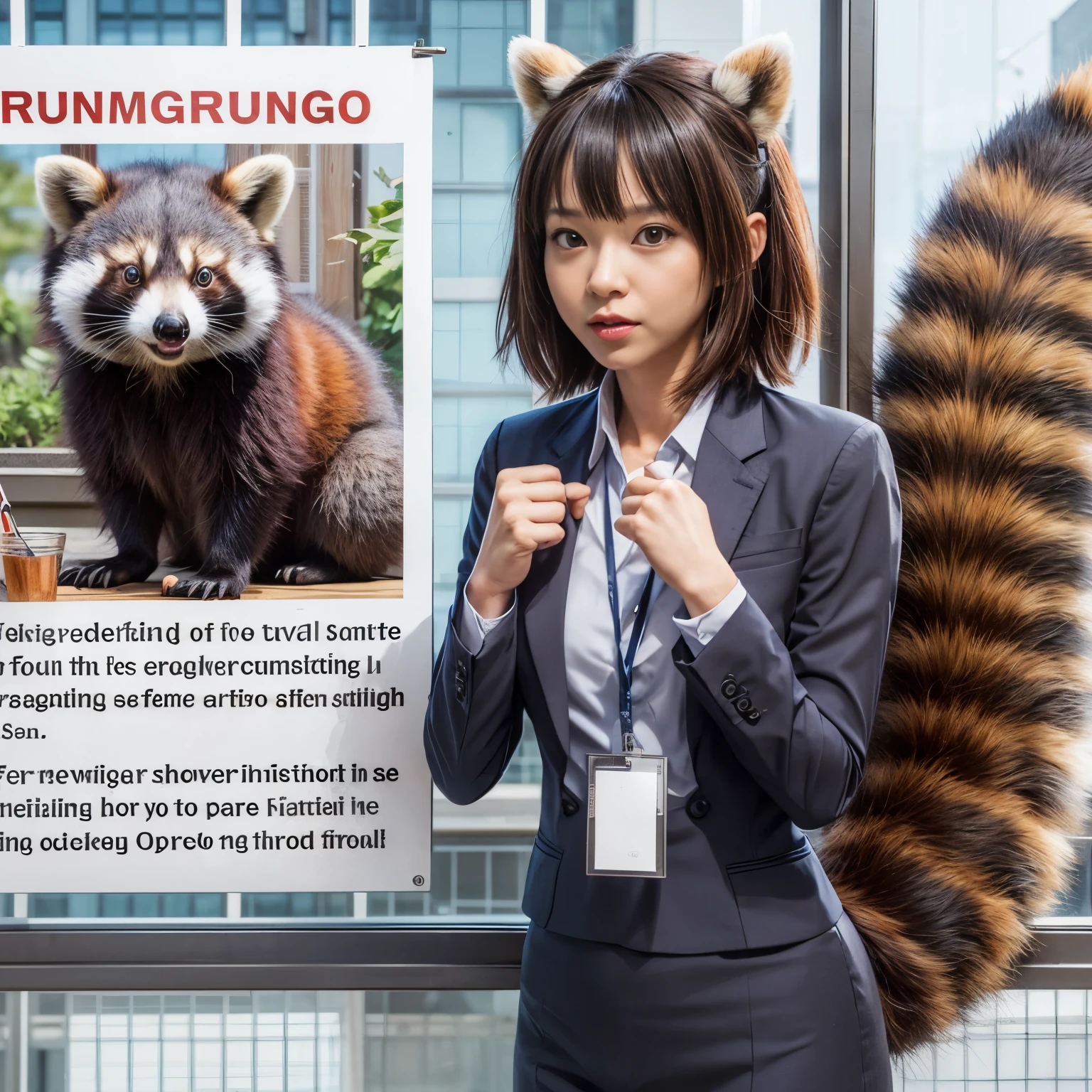 A woman in a suit is outraged when she is given a raccoon's tail, anthropomorphic raccoon, Red Panda in Propaganda Poster, furry tail, Furry, pov furry art, anthropomorphic furry art, (software) safe for work, inspired by Yuko Tatsushima, furry art, fursona furry art commission, photograph, highest quality
