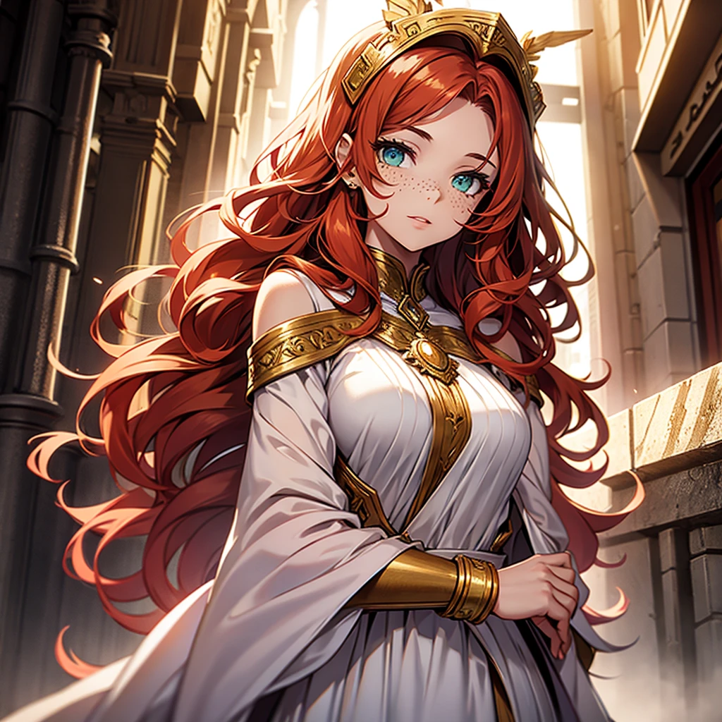White skined young woman with freckles on her face. Green eyes. Long curly hair. Bright reddish orange hair color . Wearing plain white dress in Greek Style. She has a fantasy-style gold accessory on her head