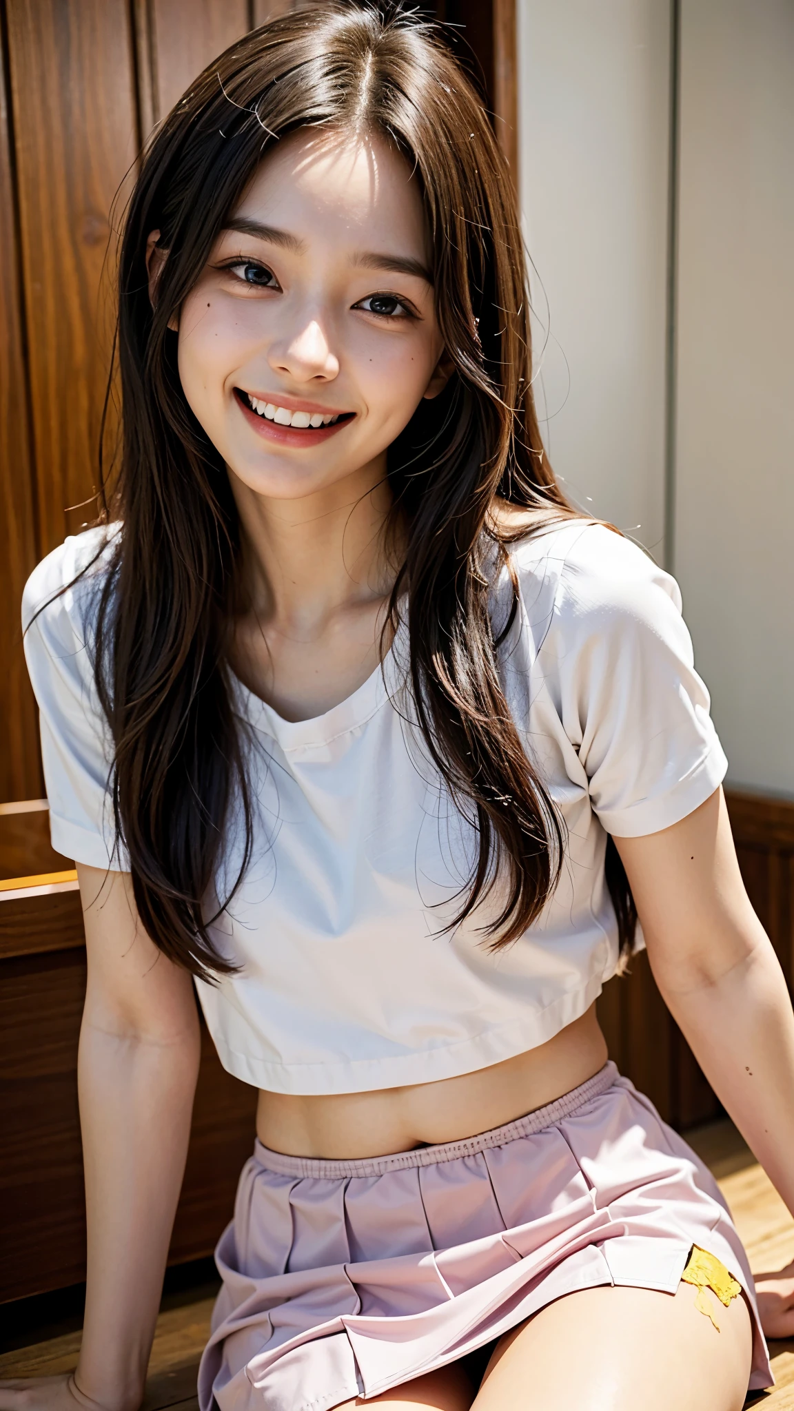 高いest quality, masterpiece, ultra 高い resolution, (realistic:1.4), 24-years-old,1 girl,super 高い quality,8K,thinウエスト,thin脚,thin and beautiful arms,beautiful fingers,sale eye makeup,thin,Medium chest,soft chest,((flared mini skirt)),long hair,thinジャケット,realistic,picture media chest)),((toothy smile)),((big smile))