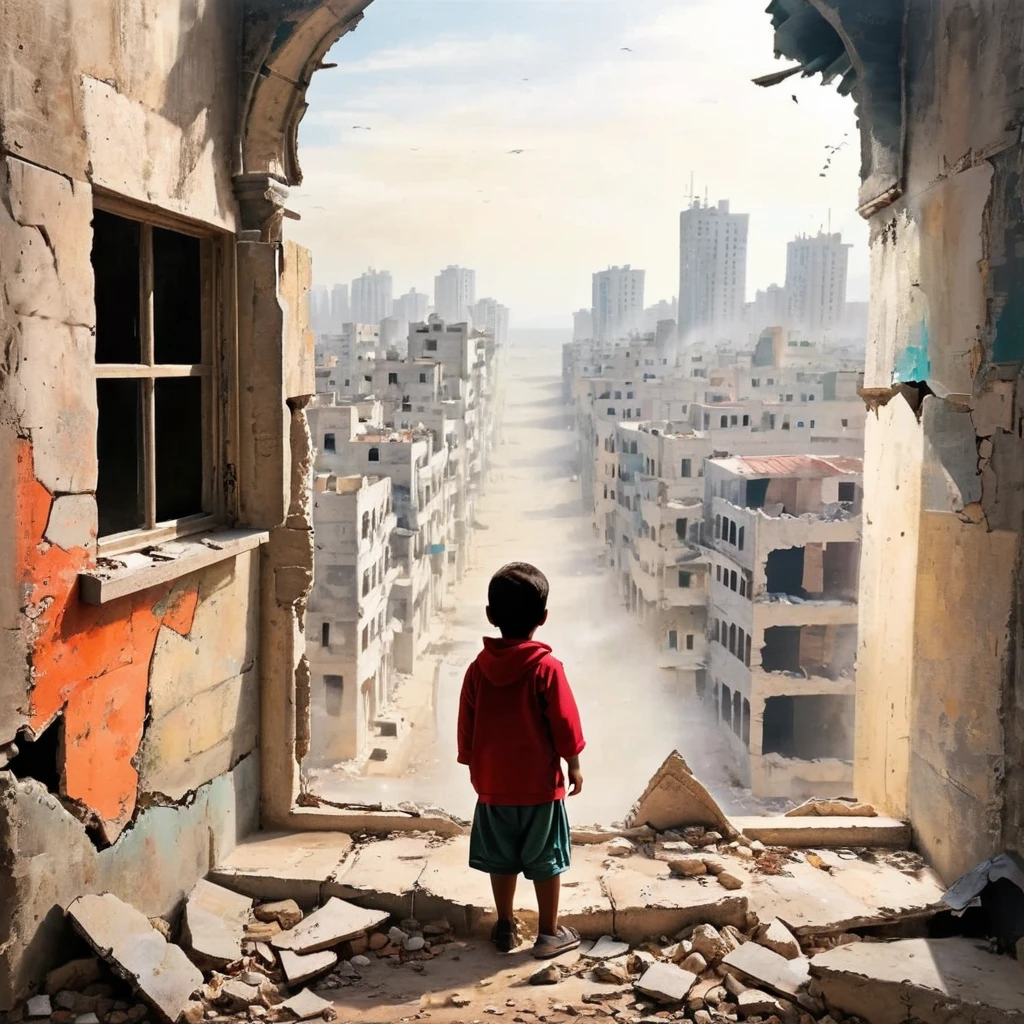 In a vibrant two-dimensional style, depict a  hiding in a room with crumbling walls, looking through a broken window with an expression of surprise and joy at the sight of a thriving city outside. The setting is in Gaza, but the cityscape is imagined by the child as beautiful and prosperous, contrasting with the reality of the surrounding environment. The image should capture the stark contrast between the child's hopeful gaze and the imagined beauty of the city, highlighting the power of imagination amidst adversity.