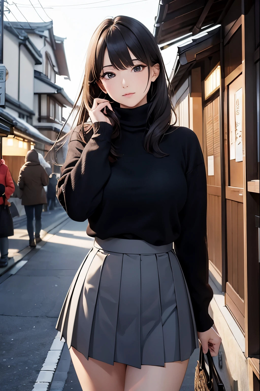 (((masterpiece))),(((High resolution)))、(((8K)))、(((perfect face)))、(((beauty of japan)))、30 years old、(((beautiful face))), (((turtleneck))), (((skirt))), embarrassed look, look at the camera, top quality eyes, detailed texture, look at the camera, big tits, night, thigh, knees, a little plump