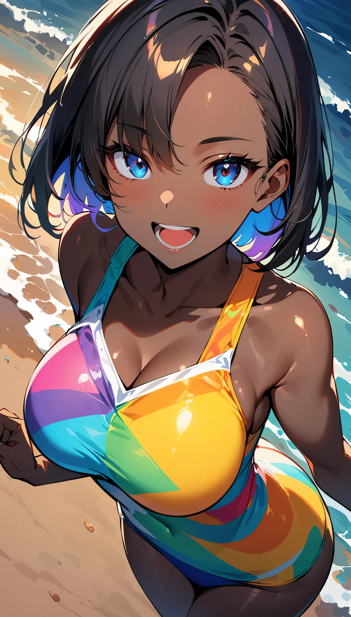 (high quality, 8k, 4k, high contrast, masterpiece:1.2, best quality, best aesthetics), (dynamic angle), alone, (((young woman,Beautiful Black Woman, Ebony 1 Female))), (small face), (high detail skin:1.2), cute face, (rainbow hair), beautiful breasts, (slim body shape:1.4), very detailed顔と肌の質感, look sideways, place your hands behind your body, ((deep ebony:1.2, black skin)), ((Long bangs on one side, asymmetrical bangs, one eye is hidden)), slender body, ((open your mouth and smile:1.2)), big breasts, normal hip joint, cowboy shot, Configuration from above, (((colorful swimwear:1.2))), Coast at dusk, staring eyes, shiny skin, perfect fingers, five fingers, background bokeh, bright colors, very detailed,