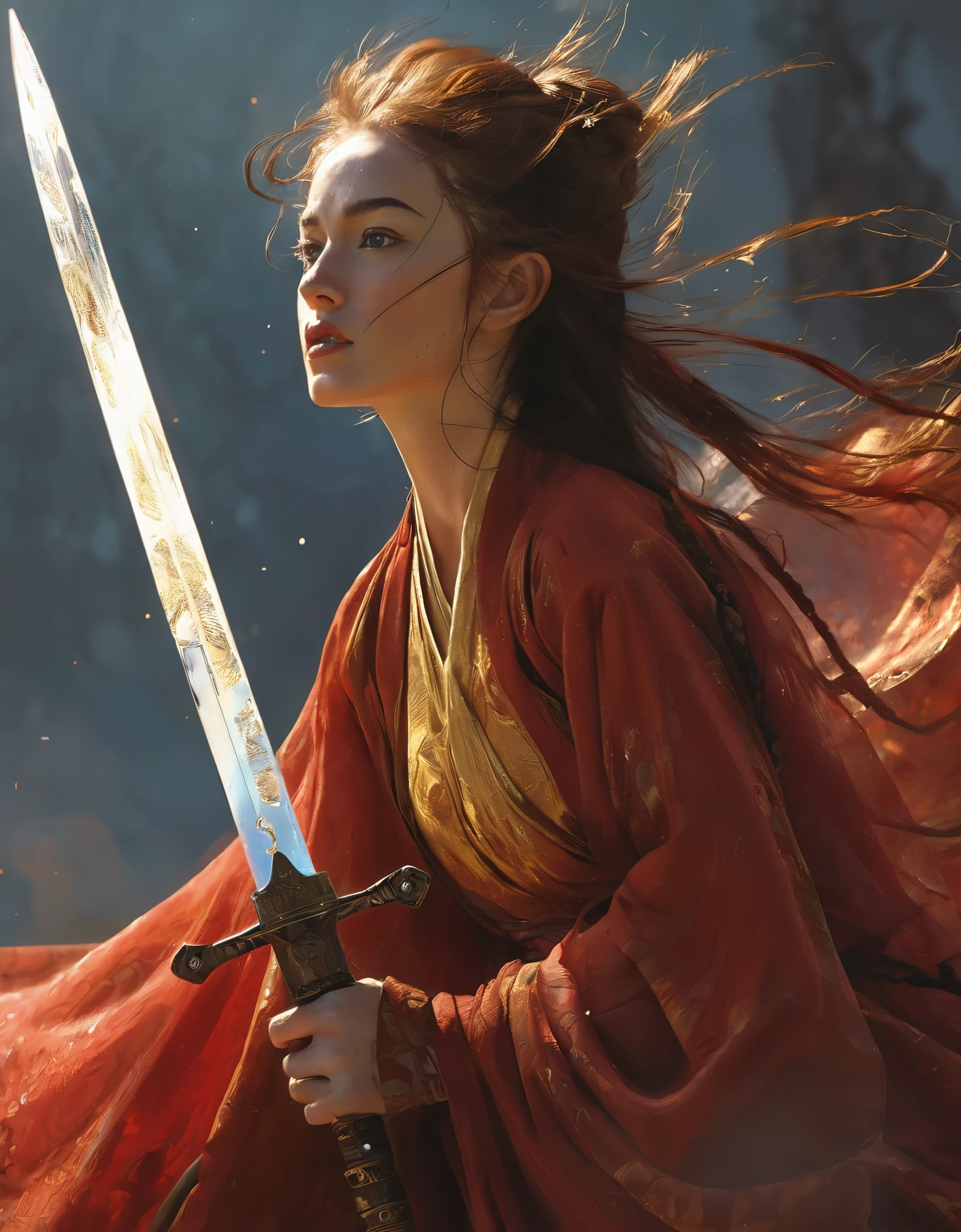 ultra high resolution,(((masterpiece))),(((best quality))),((super detailed)),((extremely delicate and beautiful)),cinematic light,detailed environment,(real),(1girl, solo, male focus:1.3),(holding sword:1.2),(dark red and light gold:1.3),(hair pulled back, floating hair:1.1),designed by greg manchess,smoke,a model woman,bright eyes,glossy lips,futuristic gold face war paint,trending on art station,photoreal,8 k,octane render by greg rutkowski,art by Carne Griffiths and Wadim Kashin,in the style of Dau-al-Set,Pollock,and inspired by MAPPA and Zdzislaw Beksinski,hanfu,