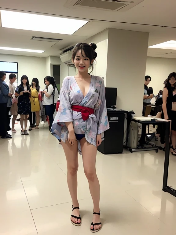 1topless、show nipples、emphasize the chest、show thighs、clavicleを見せる、(Panties with a floral pattern arranged in a yukata style)、young 小柄なwoman、、 woman、there are people around、indoor、office、crowd、there are people around、Being seen by people around you、stand up straight、smile、real 2,3、bun hair、short hair、very slim figure、17 years old 1:3、photograph、clavicle、look at the camera、、Angle from the front、(full body description)The whole body is shown from head to toe、smile、Wear flip flops、Panties are showing、Camera position that captures the whole body, including shoes、Height is 150cm、The camera shows your whole body、indoor、Yukata Festival、beautiful posture、No bra、No panties、topless、beautiful skin、there are people around、Being seen by people around、、indoor、office、