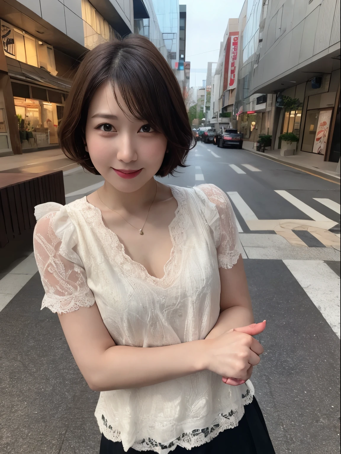 table top, highest quality, figure, Super detailed, finely, High resolution, 8k wallpaper, 完璧なダイナミックな構figure, detailed and beautiful eyes, dresini skirt, middle of chest, natural color lip, random sexy poses,smile,Aoyama Street Walk、40 year old girl、beaver,short hairstyle