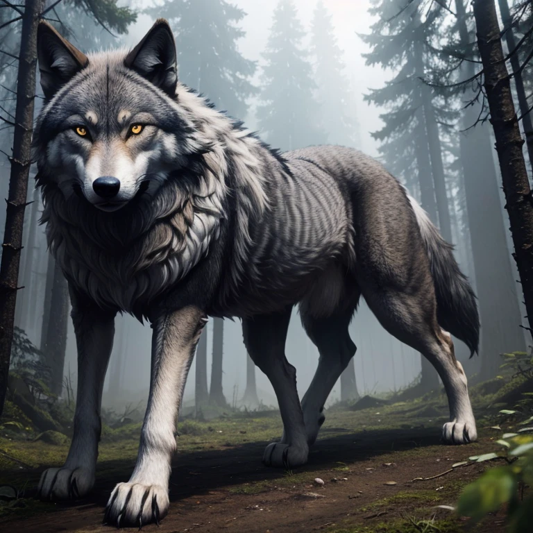 Wolf quadruped animal with dark gray fur yellow eyes in a forest background with fog