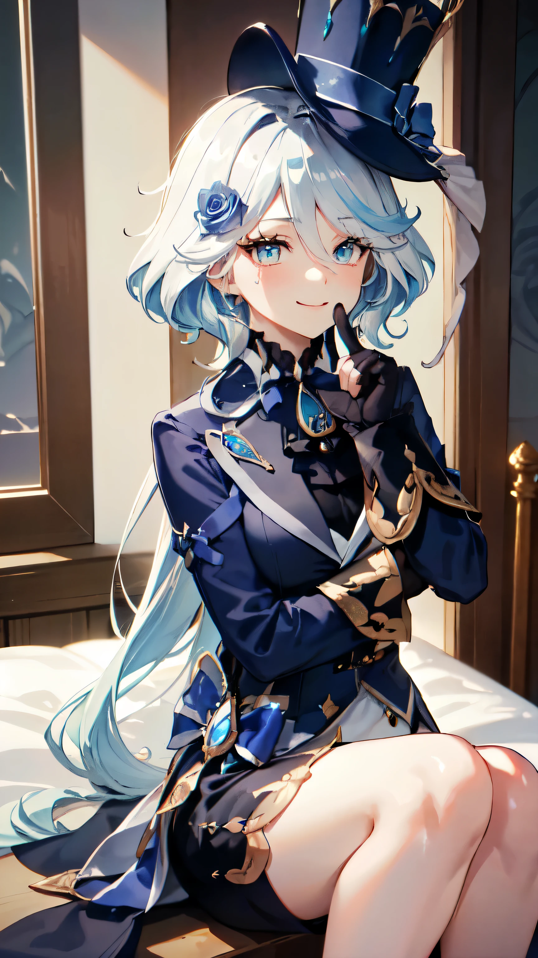 nice eyes,big eyes,cute,happy,(best quality),Super detailed,Super realistic,octane renderer,high dynamic range,(HDR),32k resolution,super resolution,megapixel,(((Wearing a small black hat)))Forina, Surrealism, 8K, Super details, hydraulic archon, Thick thighs, sitting, naughty face, smug, beautiful eyes, masterpiece, High resolution, 8K, anime woman, The writing is delicate and meticulous 、Detailed digital illustrations、(((Genshin Impact))、shiny hair、a very beautiful woman、High image quality, high quality、Detailed background、The inside of the eye sparkles like a diamond、(((blue hair)))、(((Scan your bangs)))、Gradient pupils、(((2 arms、4 fingers, 1 thumb)))、Detailed female face、a very beautiful woman、、Detailed background、masterpiece、soft focus , Bright gradient watercolor , lens flare , (((flash))) , glow , fantastic ,、((Very beautiful light blue rose hair ornament)), Luxury room background