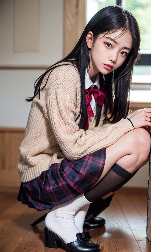 ((Top image quality、8K、masterpiece:1.3))Schools、college girls、Crotch bite、Pubic hair comes out、bristle、hi-school girl、Pubic area、Wet string underwear、Spread your crotch、Lie down、V Line、kawaii faces、Looking at the camera、Dim lighting、perm、a blond、奈良美智