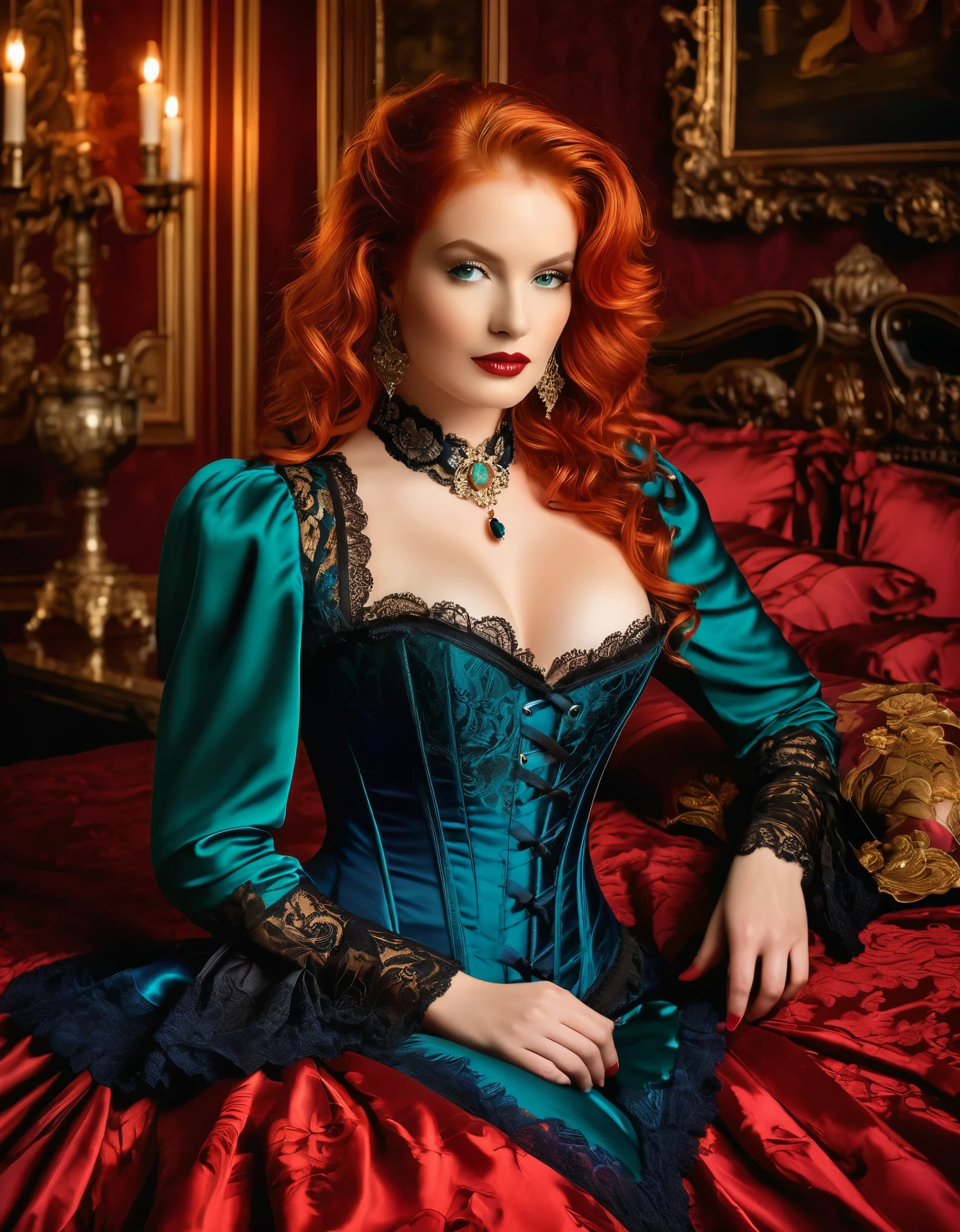 In a sumptuous Victorian bedroom, bathed in the glow of flickering candlelight, a vision of sensuality unfolds. The enchanting woman, with fiery red locks cascading like molten silk, ensnares the gaze with her emerald eyes ablaze with desire. Clad in a mesmerizing ((duotone [blue and red]) ornate corset), a tantalizing blend of crimson and ebony, she exudes opulence and allure. Every curve of her luscious form is accentuated, inviting exploration and sexuality. As she reclines upon luxurious satin sheets, her pose is a symphony of grace and seduction, beckoning you into a realm where passion knows no bounds.