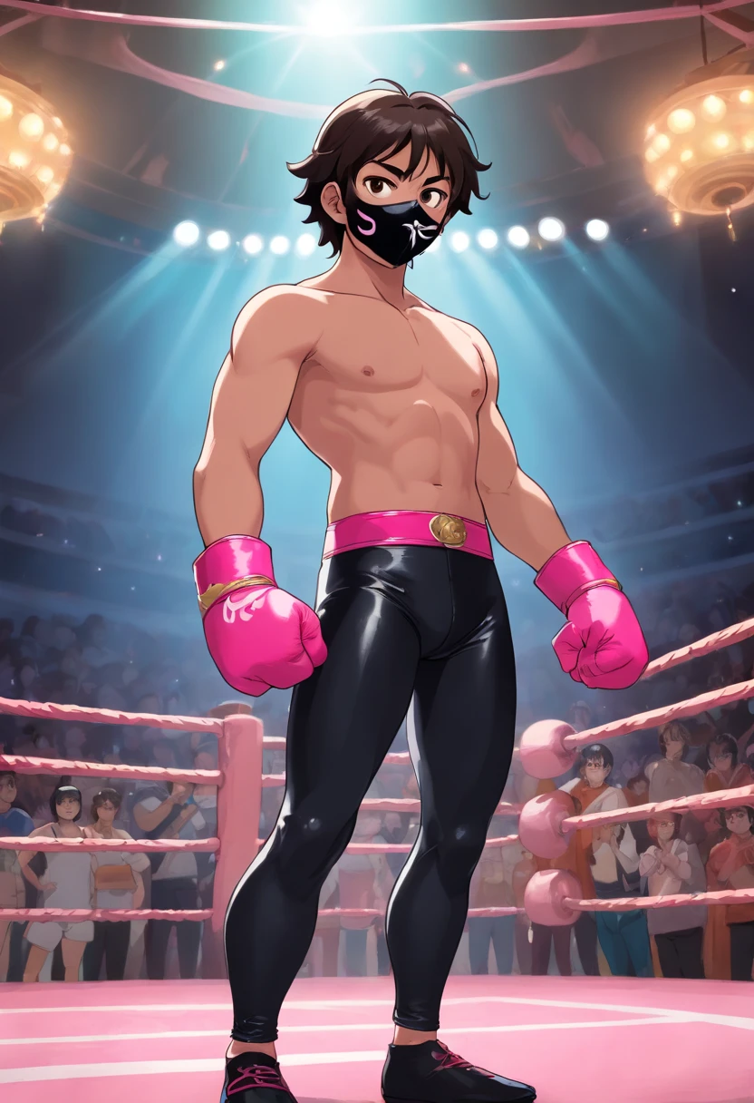 a young hispanic wrestler with a mask that only shows his eyes, su torso al descubierto, long black latex wrestling pants with pink claw designs, posa con confianza en el ring.