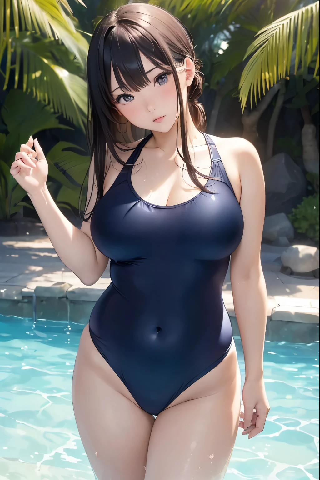 (((masterpiece))),(((High resolution)))、(((8K)))、(((perfect face)))、(((beauty of japan)))、25 years old、(((beautiful face))), (((simple swimsuit))), competitive swimsuit, Plump, embarrassed look, look at the camera, (thighs)、top quality eyes, detailed texture, look at the camera, standing