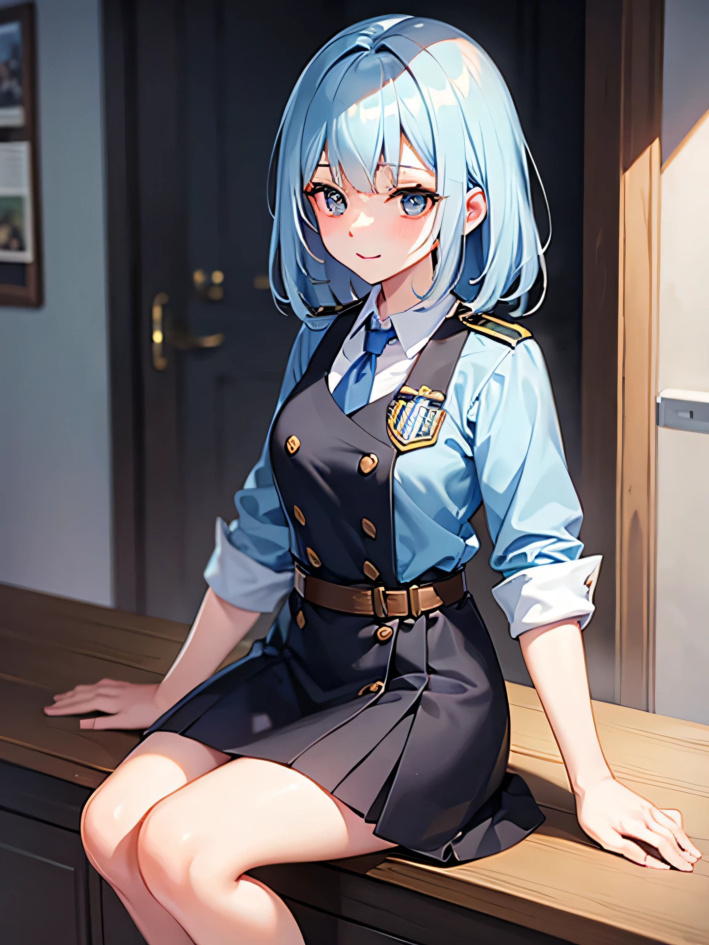 High quality girl with short light greyish blue hair with bangs in uniform smiling holding perfect scores exam