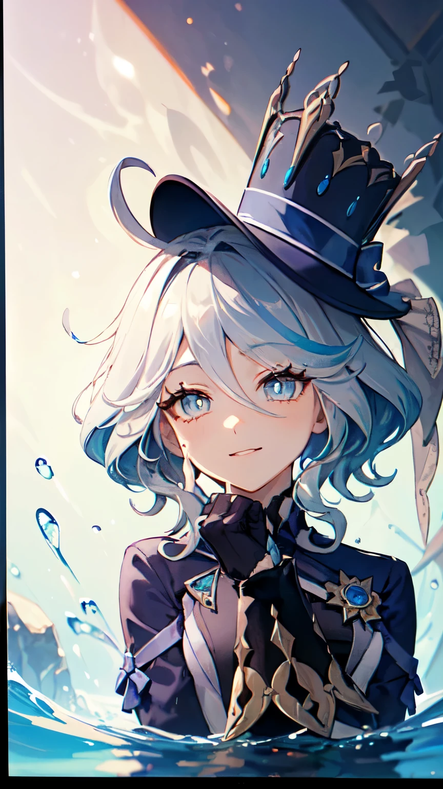 (Surrounded by water element1.5),There are water drops around,(((Wearing a small black hat)))Forina, Surrealism, 8K, Super details, hydraulic archon, Thick thighs, sitting, naughty face, smug, beautiful eyes, masterpiece, High resolution, 8K, anime woman, The writing is delicate and meticulous 、Detailed digital illustrations、(((Genshin Impact))、shiny hair、a very beautiful woman、High image quality, high quality、Detailed background、The inside of the eye sparkles like a diamond、(((blue hair)))、(((Scan your bangs)))、Gradient pupils、(((2 arms、4 fingers, 1 thumb)))、Detailed female face、a very beautiful woman、、Detailed background、masterpiece、soft focus , Bright gradient watercolor , lens flare , (((flash))) , glow , fantastic ,、((Very beautiful light blue rose hair ornament)), Luxury room background