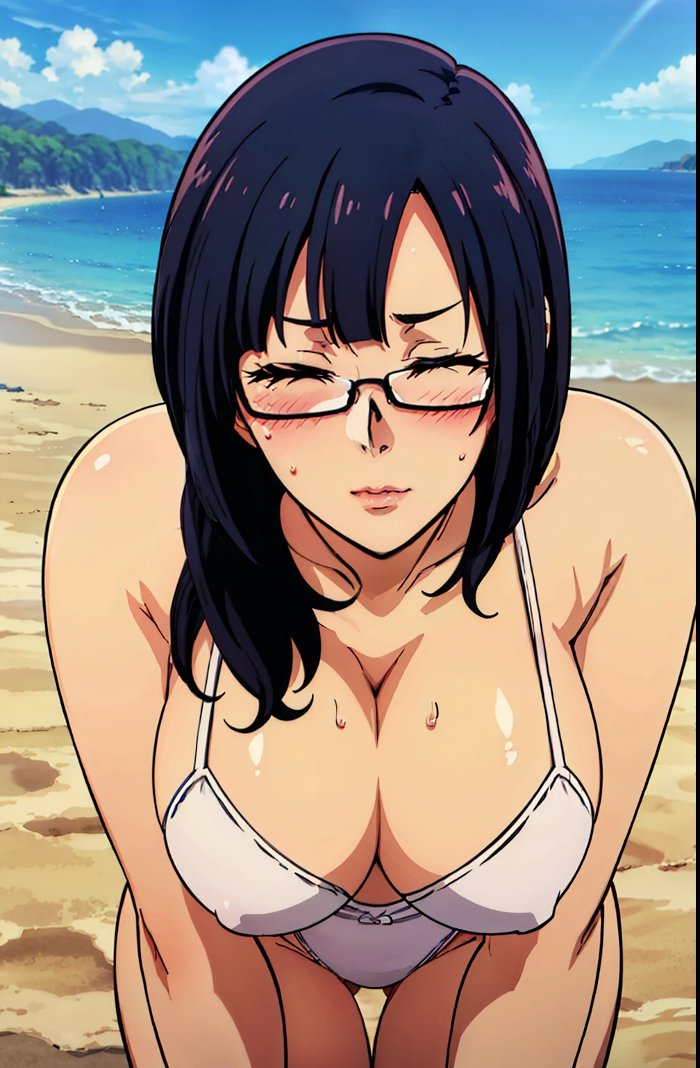 (want to kiss pose), white lingerie, all fours, (beach background), (gloomy weather), Litchi Faye-Ling, mature woman, anime cels style, best quality, high resolution, 1girl, (huge breasts:1.2), beautiful face, Beautiful Finger, Beautiful long legs, Beautiful body, Beautiful Nose,Beautiful character design, semi-rimless eyewear, black hair, very long hair, Bangs, closed eyes, (cowboy shot), puckered up mouth, looking at viewer, (blushing)