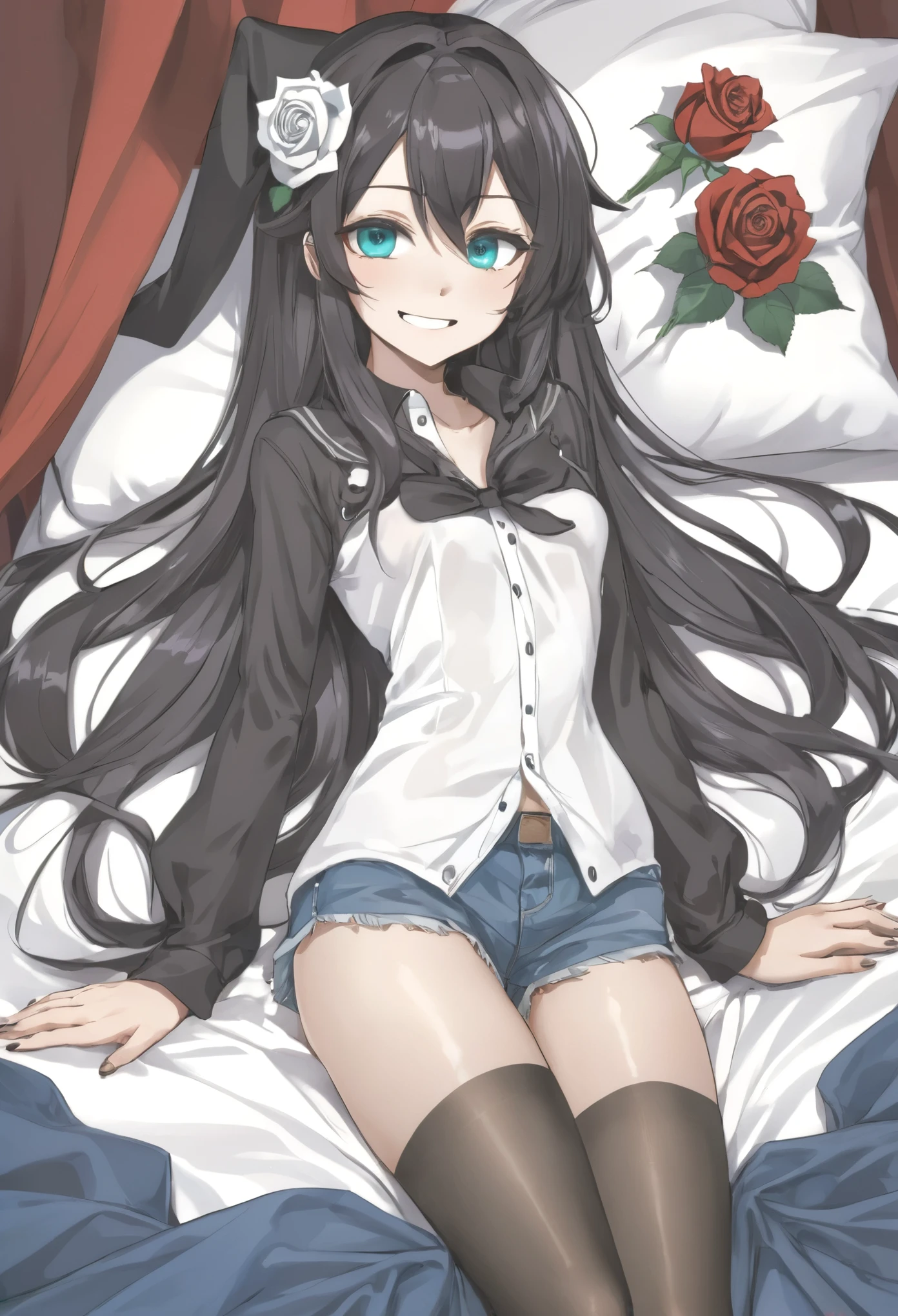1Anime Girl,long hair,Exterior Black, Inner Red, two tone hair,blue eyes,White Men&#39;s Long Sleeve Shirt,denim shorts,black pantyhose,high resolution,very sharp,8 thousand,extra fingers,Reduced number of fingers,(bad anatomy),NSFW,bed,Bewitching pose,Wow,emerald eyes,Left white rose headdress,Purple dress,milk skin,A friendly smile,