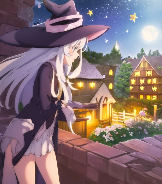 Elaina, girl, witch, anime, white hair, witch hat, night sky, moon, stars, flowers, glowing flowers, shooting star, town, town lights, nighttime.