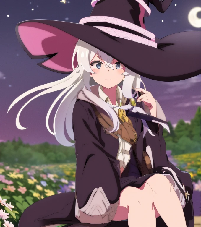 Elaina, girl, witch, anime, white hair, witch hat, night sky, moon, stars, flowers, glowing flowers, shooting star, town, town lights, nighttime.