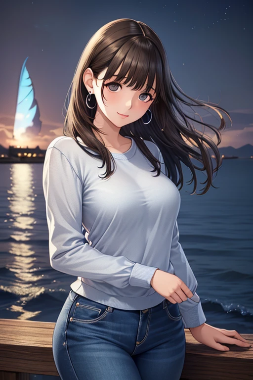 (masterpiece:1.2, highest quality), (Beautiful detailed eyes: 1.2), focus only,   (Highly detailed CG Unity 8K wallpaper, masterpiece, highest quality, Super detailed, best shadow), (detailed background), (beautiful and detailed face, detailed and beautiful eyes), 

 1 girl, words , brown hair, brown eyes,oversized black sweater, long sleeve, jeans, casual clothes, jewelry, earrings,   high contrast, mysterious smile、beautiful sexy woman, adult, 
 (((The best sea illuminations, very delicate and beautiful))),(simple background, outdoor), looking at the viewer,beautiful delicate shine,