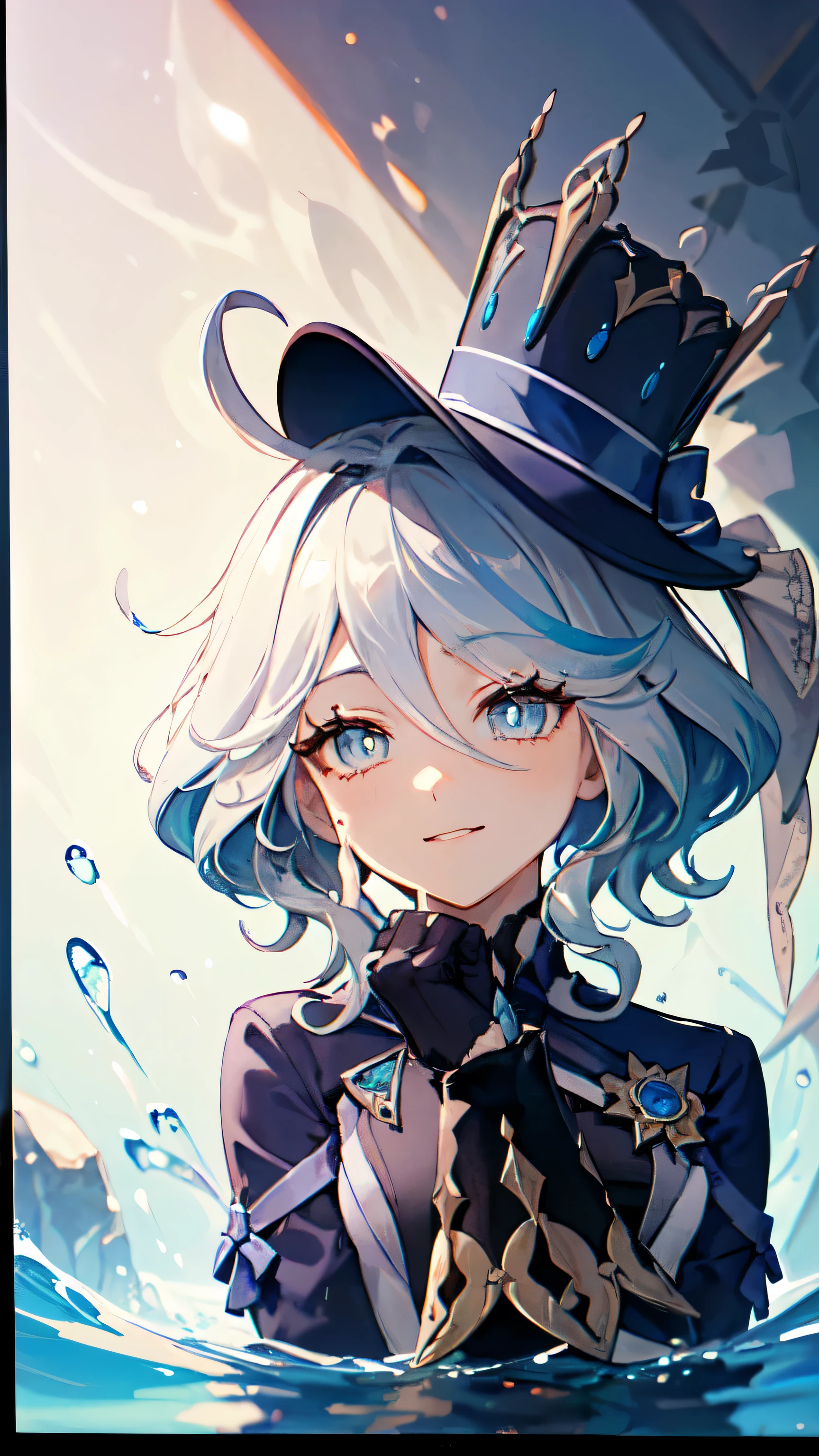 (Surrounded by water element1.5),There are water drops around,(((Wearing a small black hat)))Forina, Surrealism, 8K, Super details, hydraulic archon, Thick thighs, sitting, naughty face, smug, beautiful eyes, masterpiece, High resolution, 8K, anime woman, The writing is delicate and meticulous 、Detailed digital illustrations、(((Genshin Impact))、shiny hair、a very beautiful woman、High image quality, high quality、Detailed background、The inside of the eye sparkles like a diamond、(((blue hair)))、(((Scan your bangs)))、Gradient pupils、(((2 arms、4 fingers, 1 thumb)))、Detailed female face、a very beautiful woman、、Detailed background、masterpiece、soft focus , Bright gradient watercolor , lens flare , (((flash))) , glow , fantastic ,、((Very beautiful light blue rose hair ornament)), Luxury room background