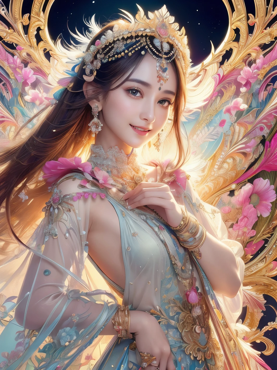 (​Masterpiece、top quality、top quality、official art、Exquisite and beautiful:1.2)、(1 girl in)、Very detailed、(fractal art:1.3)、Colorful、most detailed,(Posture in motion:1.4)、Beautiful and delicate face with details、Beautiful and delicate eyes with details、Very fine eye definition, (symmetrical eyes:1.3),((natural smile)),Floral fragrance,feather、Goddess image