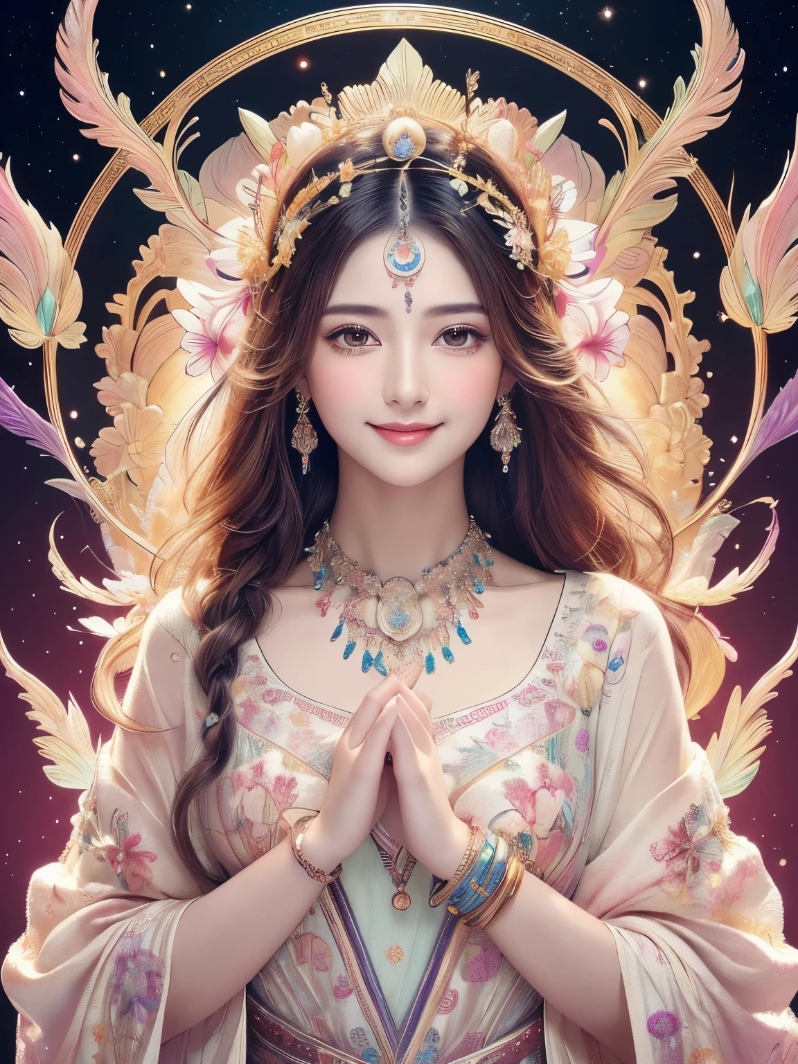 (Masterpiece、top quality、top quality、official art、Exquisite and beautiful:1.2)、(1 girl in)、Very detailed、(fractal art:1.3)、Colorful、most detailed,(Posture in motion:1.4)、Beautiful and delicate face with details、Beautiful and delicate eyes with details、Very fine eye definition, (symmetrical eyes:1.3),((natural smile)),Floral fragrance,feather、Goddess image